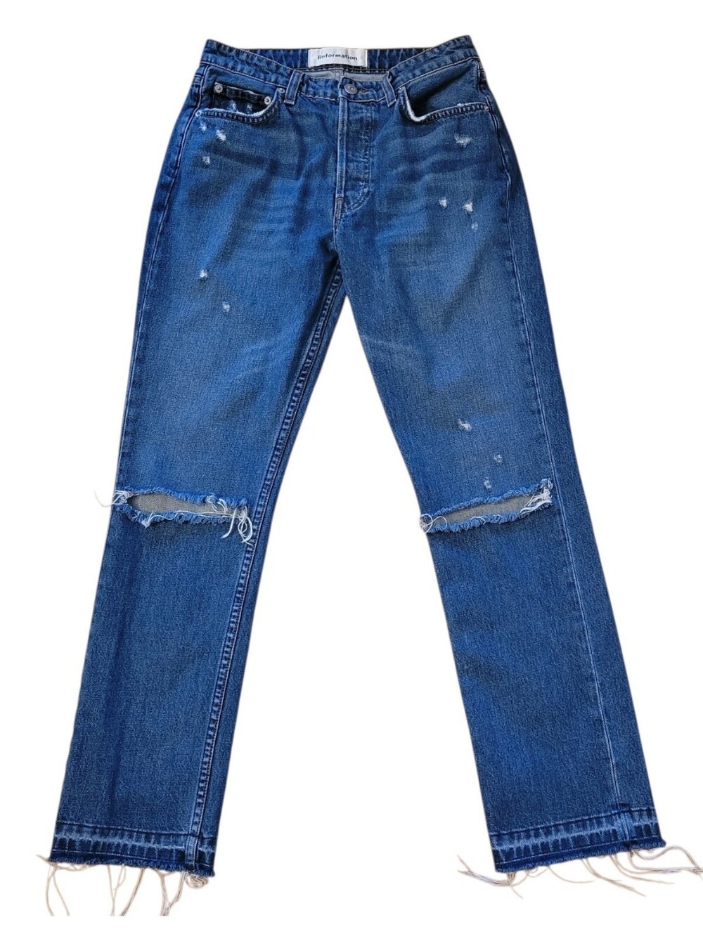 Reformation Blue Distressed Straight Leg Denim Jeans Size 26